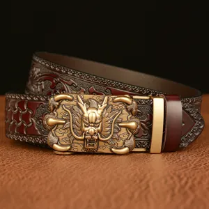 Men retro cowhide automatic buckle belt with domineering dragon claw bronze metal buckle.