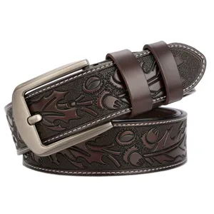 Men vintage embossed leather belt stylish brown cowhide jeans belt with silver buckle