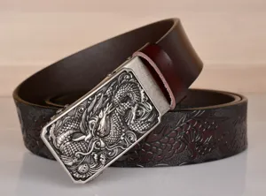 Men's leather belt featuring a detailed dragon buckle and embossed strap for casual wear.