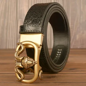 Cintura in Pelle Casual da Uomo Fibbia Automatica Motivo Coccodrillo Cintura in Pelle di Vachetta Fibbia Testa di Ariete Accessori Moda in Vita