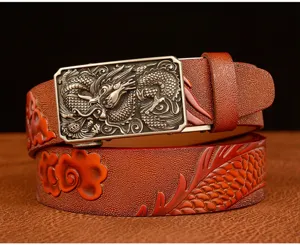 Men vintage dragon embossed genuine leather automatic buckle belt for casual jeans and pants.