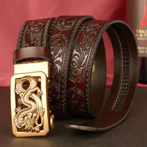 Men's leather belt with dragon automatic buckle and embossed floral pattern casual waist belt.
