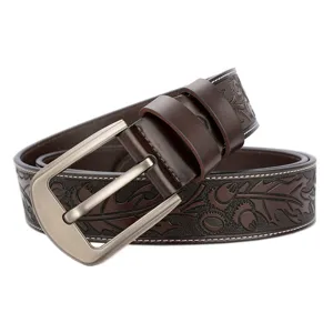 Men's genuine leather embossed belt with vintage metal buckle, stylish casual jeans strap.