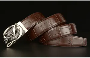 Men brown crocodile pattern leather belt with stylish metal buckle for casual wear