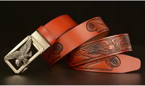 Men's leather belt automatic buckle cowhide flying eagle carved casual jeans belt stylish accessory