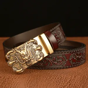 Men's leather belt with retro dragon claw automatic metal buckle and embossed strap design.