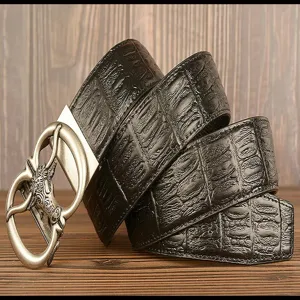Men's leather belt with vintage bull head automatic buckle and crocodile pattern strap.