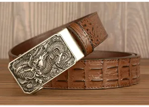 Men leather belt detail showing intricate Chinese dragon metal automatic buckle and texture.