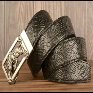 Men leather belt with metallic tiger buckle, black embossed crocodile texture cowhide detail.