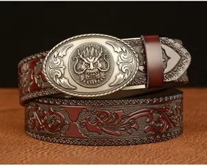 Vintage automatic buckle men belt dragon leather embossed casual trousers belt detail