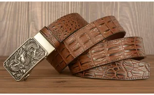 Men's stylish ratchet leather belt with metal dragon buckle and crocodile pattern.