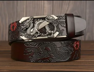 Men's leather belt with retro dragon embossed automatic buckle ethnic style casual pants belt