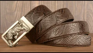 Men's brown leather belt featuring a retro automatic buckle and cool tiger design.