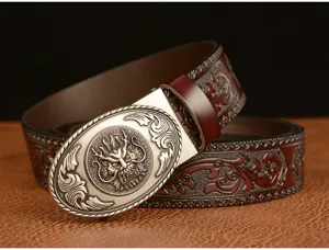 Retro automatic buckle men leather belt dragon head carved casual trousers belt 110cm