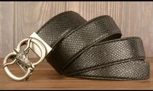 Men's genuine leather belt with stylish snake pattern and retro bull head automatic buckle.