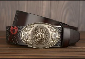 Detailed close-up shot of men's leather belt with vintage dragon buckle and embossed strap.