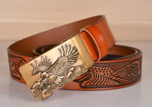 Men embossed leather belt with metal eagle automatic buckle vintage casual trouser belt