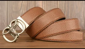Men's brown cowhide leather belt with vintage bull head automatic buckle and snake print.