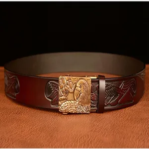 Men leather belt with vintage eagle automatic buckle and detailed embossed wing patterns