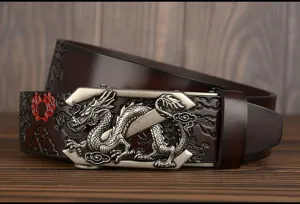 Close-up view of the embossed dragon leather belt featuring a sleek metallic auto buckle.
