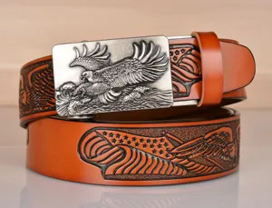 Mens leather belt with majestic eagle buckle embossed cowhide automatic buckle vintage style