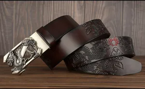 Men's genuine leather automatic buckle belt with exquisite dragon embossed design casual.