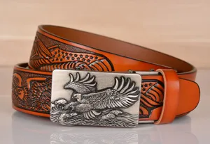 Men's embossed leather belt with vintage eagle automatic buckle for casual daily wear.