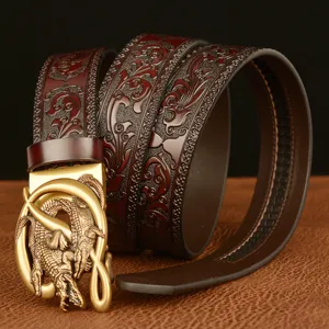 Men's retro crocodile automatic buckle leather belt, embossed floral cowhide jeans casual.