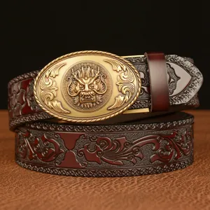 Men's Leather Belt Vintage Automatic Buckle Cowhide Waist Belt Dragon Embossed Casual Fashion Dress Pants Belt For Men