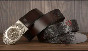 Men vintage leather belt automatic buckle dragon embossed business casual pants waist belt