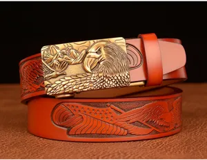 Men cowhide automatic buckle belt with embossed eagle buckle and stylish western belt strap.
