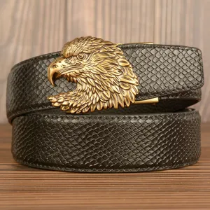 Men's genuine leather belt with cool vintage eagle head metal automatic buckle for jeans.