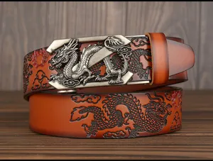 Embossed dragon pattern genuine leather belt with metallic automatic buckle for men.