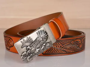 Men's leather belt with eagle embossed automatic buckle, vintage style casual waist belt.