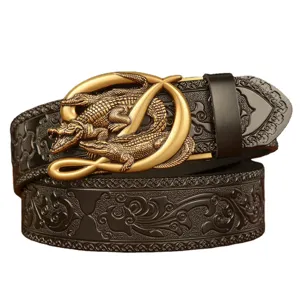 Men's vintage genuine leather belt with stylish embossed crocodile automatic metal buckle.