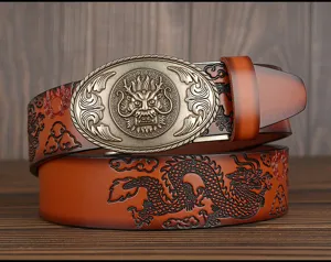 Men's vintage leather belt featuring an intricate dragon buckle and embossed dragon pattern.
