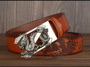 Men vintage cowhide leather belt with dragon automatic buckle and embossed dragon strap.