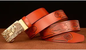 Men genuine cowhide leather belt with retro eagle automatic buckle and embossed eagle strap.