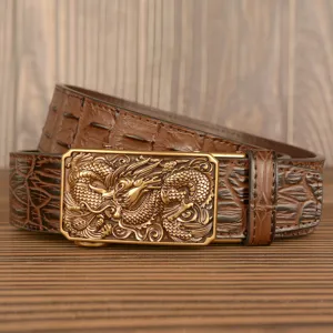 Men's luxury leather belt with crocodile pattern and Chinese dragon automatic buckle.