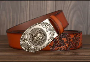 Men's leather belt with vintage dragon metal automatic buckle for casual jeans wear.