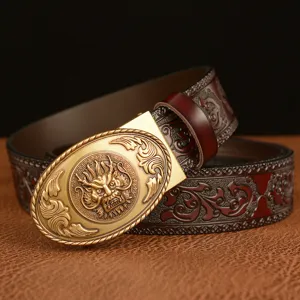 Vintage dragon head automatic buckle men leather belt casual embossed cowhide belt