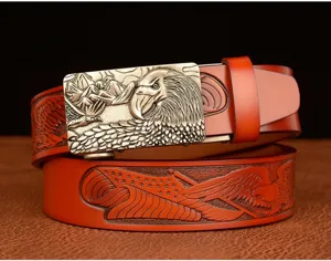 Mens brown leather belt featuring metallic eagle buckle and embossed strap detail.