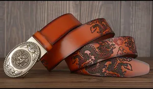 Detailed view of men's embossed dragon leather belt with alloy automatic buckle.