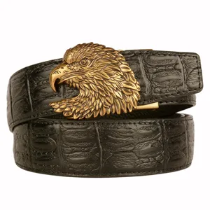 Mens leather belt featuring vintage gold eagle head automatic buckle and stylish black strap.