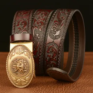 Retro automatic buckle men's leather belt with dragon head embossing, casual cowhide belt.