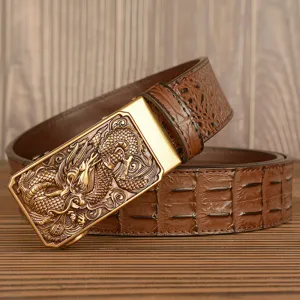 Men's fashion leather belt with golden Chinese dragon automatic buckle and brown crocodile pattern strap.