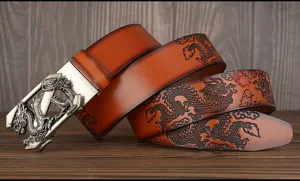 Men's leather belt automatic buckle ethnic dragon embossed casual cowhide belt stylish accessory