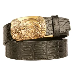 Cintura da uomo in pelle nera con motivo coccodrillo e fibbia ad aquila dorata vintage