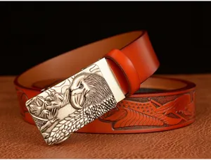 Men's leather belt with eagle head automatic metal buckle and embossed eagle strap design.