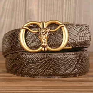 Men brown leather belt with retro bull head automatic metal buckle and crocodile texture main view